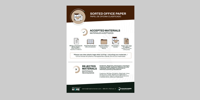 Sorted Office Paper Recycling label in the bilingual languages of English and Spanish